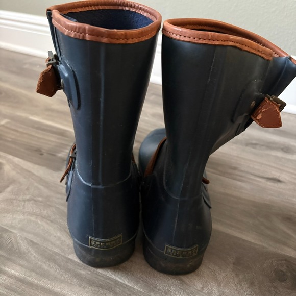 Sperry Top-Sider Saltwater Rain Boots Navy Blue Brown Buckle Women's Size 11 Mid - Picture 2 of 14